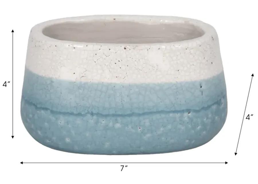 7" Oval Reactive Crackle Finish Planter, Blue/whit