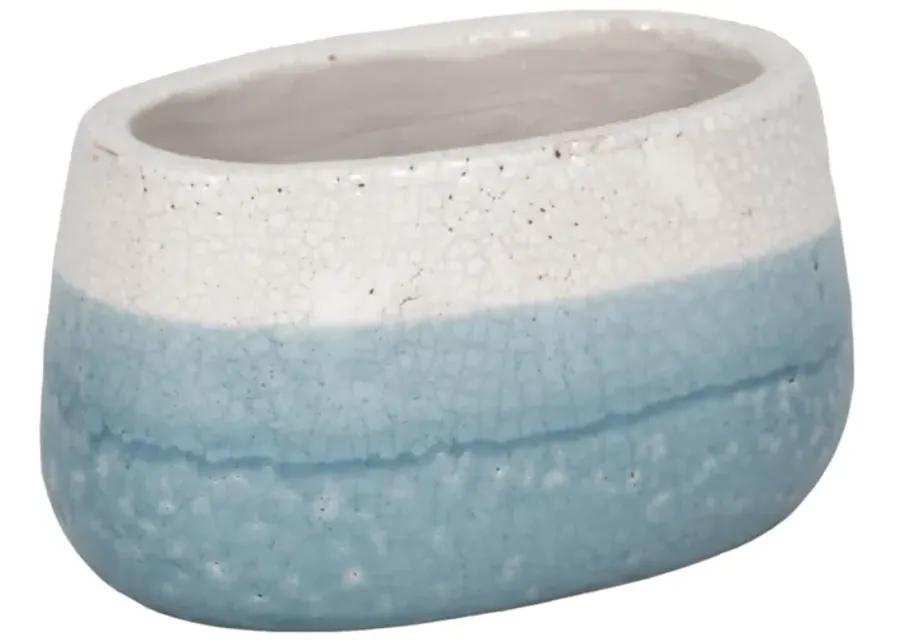 7" Oval Reactive Crackle Finish Planter, Blue/whit