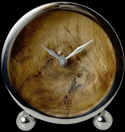 Metal, 5" Round Wood Face Table Clock, Silver