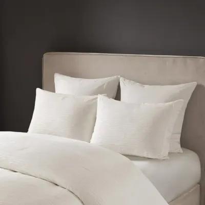 N Natori Hanae White Cotton Blend Yarn Dyed 3 Piece Comforter Set