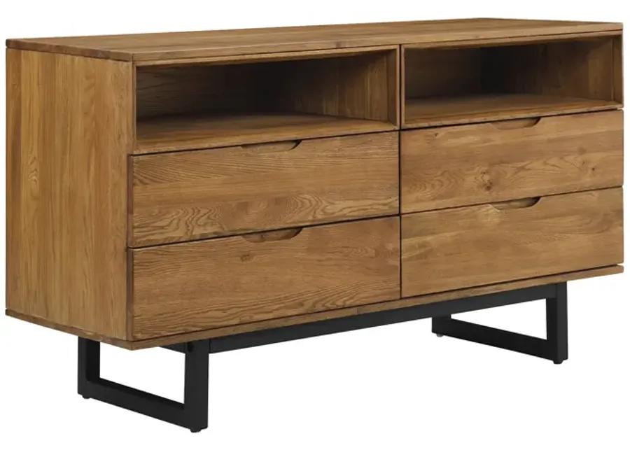 Aldo 4 Drawer Dresser in Brown Oak Wood with Black Metal Legs