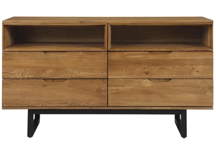 Aldo 4 Drawer Dresser in Brown Oak Wood with Black Metal Legs