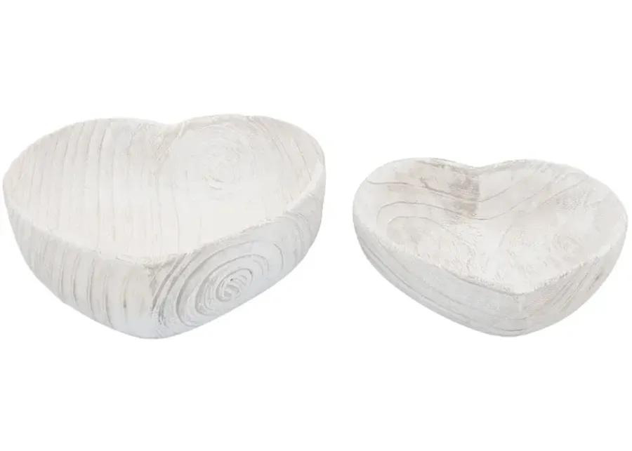 Wood, S/2 9/10" Heart Bowls, White