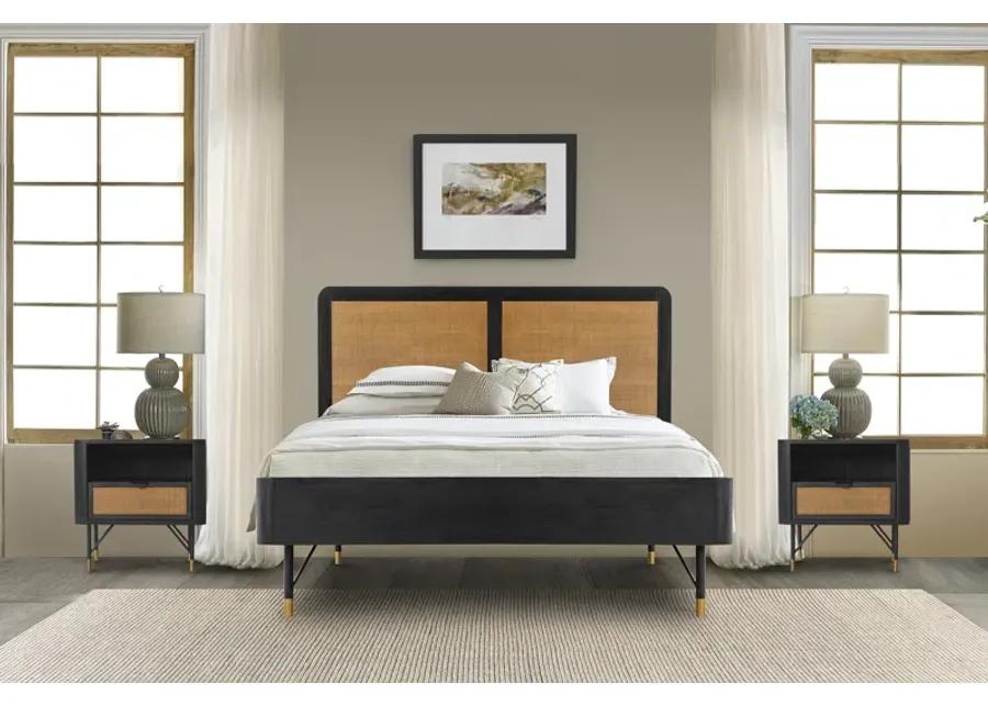 Saratoga 3 Piece Queen Bedroom Set in Black Acacia Wood and Rattan