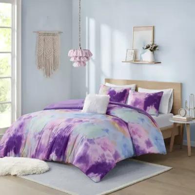 Intelligent Design Cassiopeia Lavender Watercolor Tie Dye Printed Comforter Set with Throw Pillow