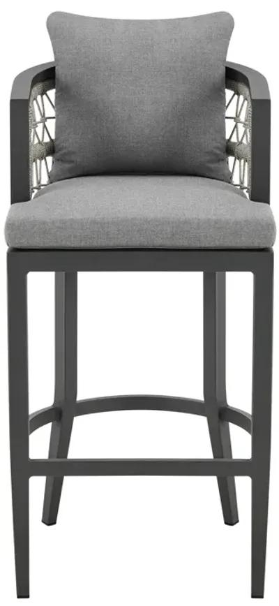 Zella Outdoor Patio Bar Stool in Aluminum with Light Gray Rope and Earl Gray Cushions