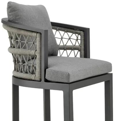 Zella Outdoor Patio Bar Stool in Aluminum with Light Gray Rope and Earl Gray Cushions