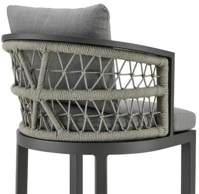 Zella Outdoor Patio Bar Stool in Aluminum with Light Gray Rope and Earl Gray Cushions