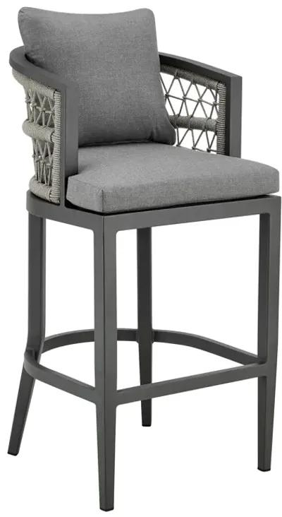 Zella Outdoor Patio Bar Stool in Aluminum with Light Gray Rope and Earl Gray Cushions