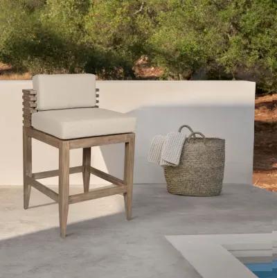 Vivid Outdoor Patio Bar Stool in Light Eucalyptus Wood with Taupe Olefin Cushions