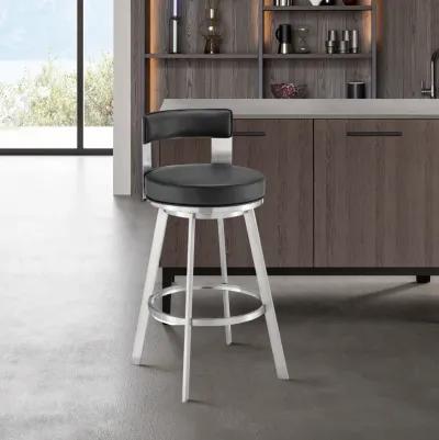 Flynn 30" Swivel Bar Stool in Brushed Stainless Steel with Black Faux Leather