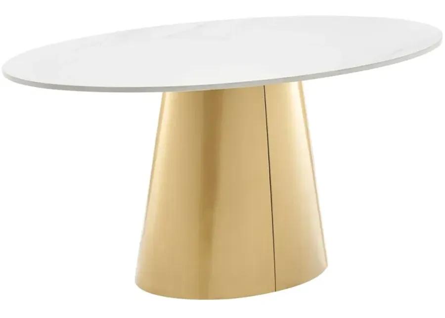 Vinessa Ceramic Top Oval Coffee Table w/ Brushed Stainless Steel Base, Marble White/ Gold (Top)