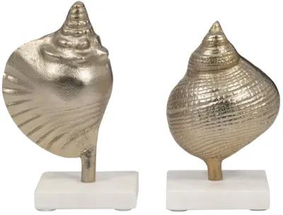 Metal, 7" Banded Shell On Marble Base, Champagne