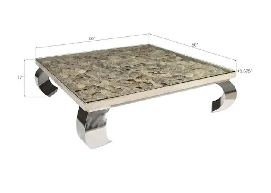 Shell Coffee Table, Glass Top, Ming Stainless Steel Legs