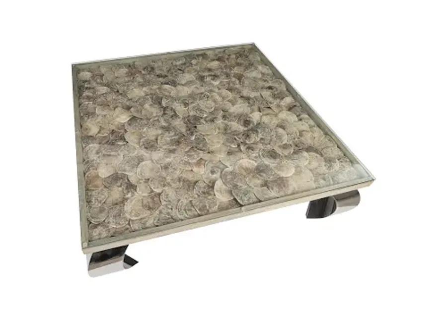 Shell Coffee Table, Glass Top, Ming Stainless Steel Legs