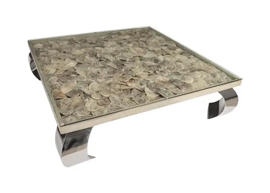 Shell Coffee Table, Glass Top, Ming Stainless Steel Legs