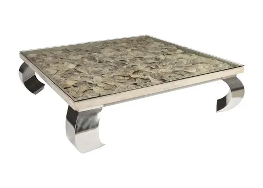 Shell Coffee Table, Glass Top, Ming Stainless Steel Legs