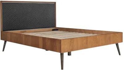 Coco Rustic Oak Wood Upholstered Faux Leather Queen Platform Bed