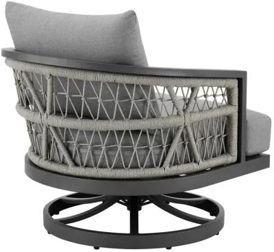 Zella Outdoor Patio Swivel Armchair in Aluminum with Light Gray Rope and Earl Gray Cushions