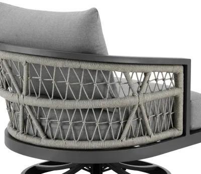 Zella Outdoor Patio Swivel Armchair in Aluminum with Light Gray Rope and Earl Gray Cushions