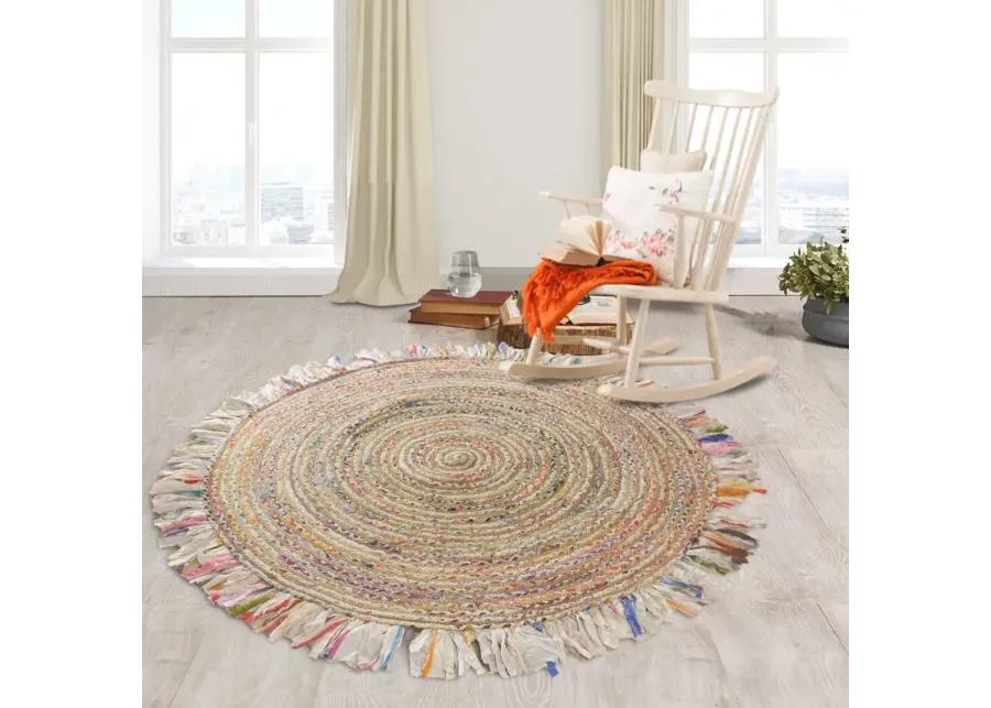 Nature Pastel Multicolor Braided Chindi Cotton Blend Indoor Round Area Rug 3'6"