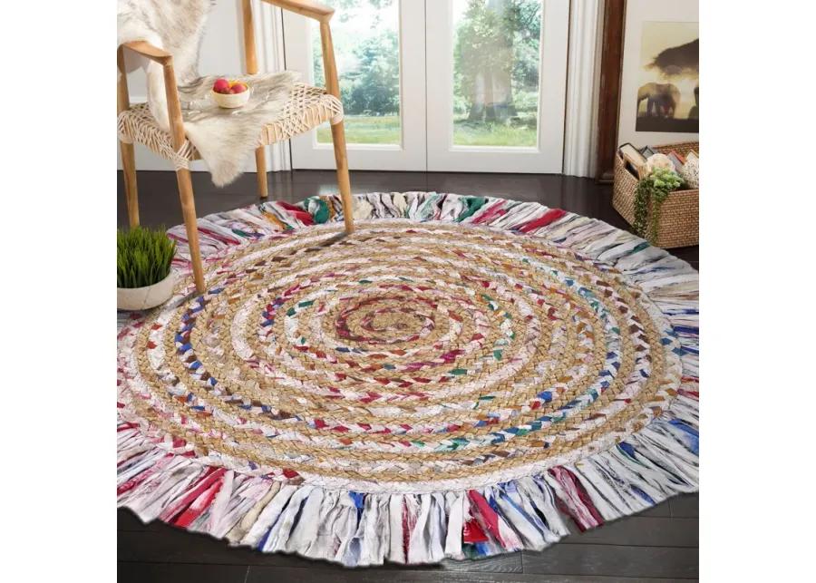 Nature Pastel Multicolor Braided Chindi Cotton Blend Indoor Round Area Rug 3'6"