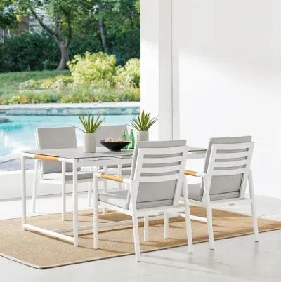 Crown 5 Piece White Aluminum and Teak Outdoor Dining Set with Light Gray Fabric