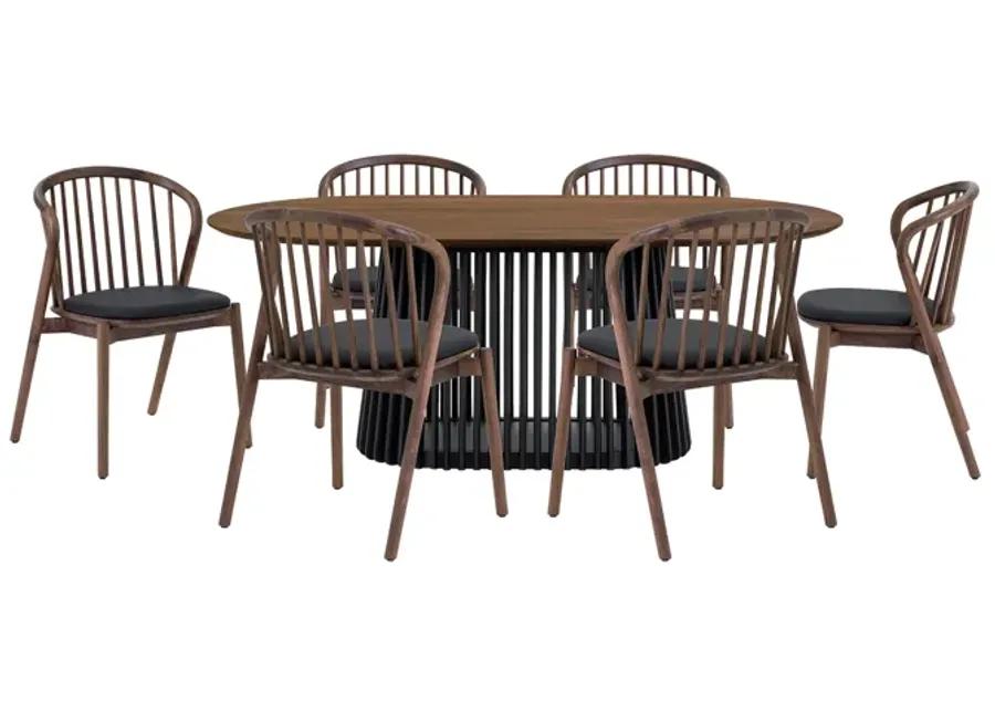 Pasadena Echo 7 Piece Oval Dining Set with Walnut and Black Finish Table and Walnut Finish Chairs