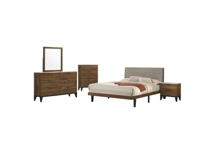 Mays 5-piece Upholstered Eastern King Bedroom Set Walnut Brown and Grey