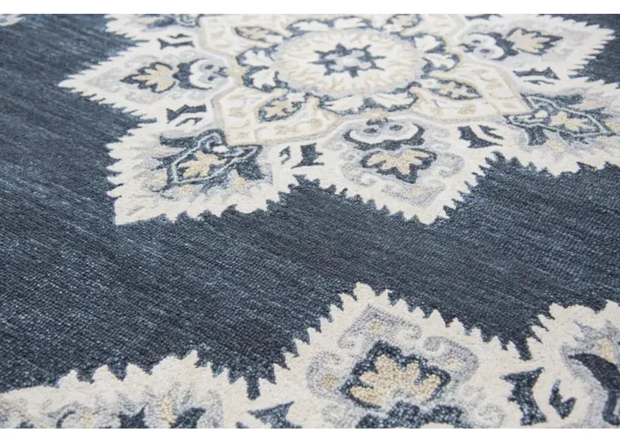 Resonant Dk.Blue/Natural Central Medallion Wool 2'6" x 8' Runner Rug