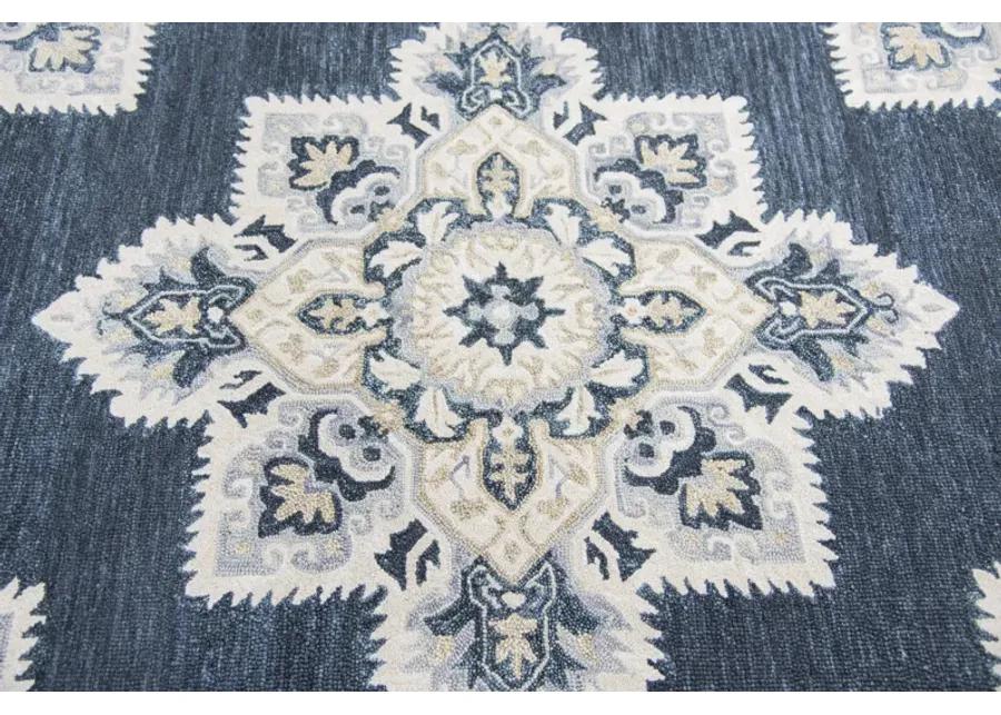 Resonant Dk.Blue/Natural Central Medallion Wool 2'6" x 8' Runner Rug