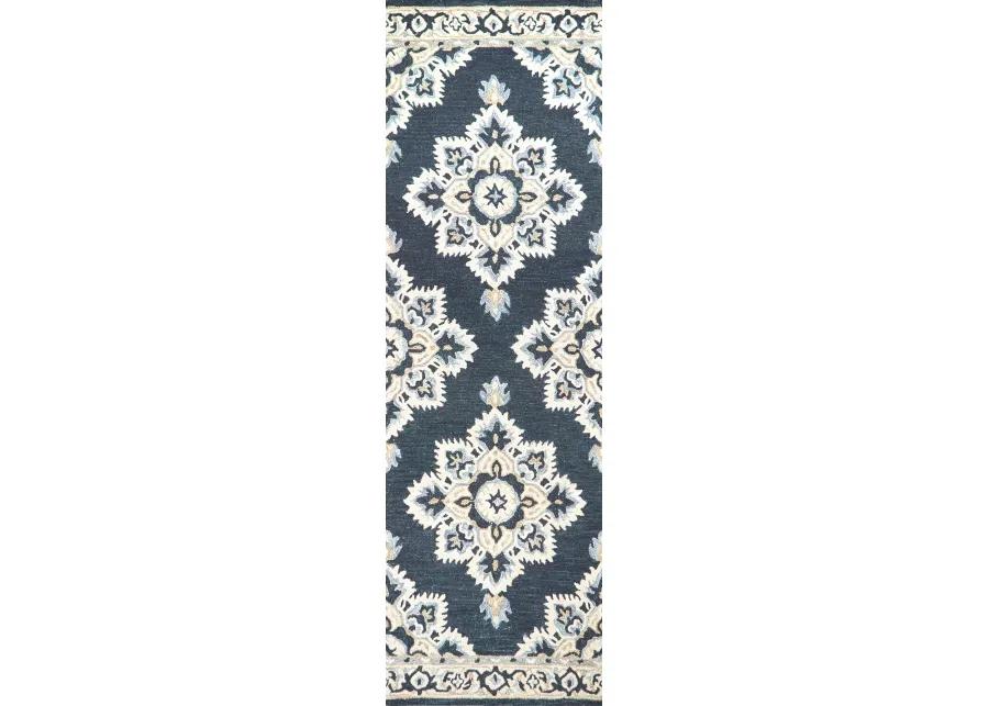 Resonant Dk.Blue/Natural Central Medallion Wool 2'6" x 8' Runner Rug