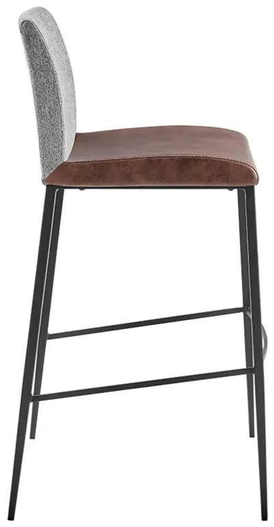 Rasmus-B Bar Stool with Light Brown Leatherette and Gray Fabric with Matte Black Legs - Set of 2