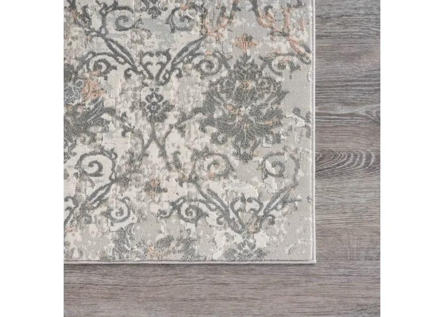 Imagica Neutral Distressed Floral Damask Contemporary Runner Rug 2'2" x 7'7"