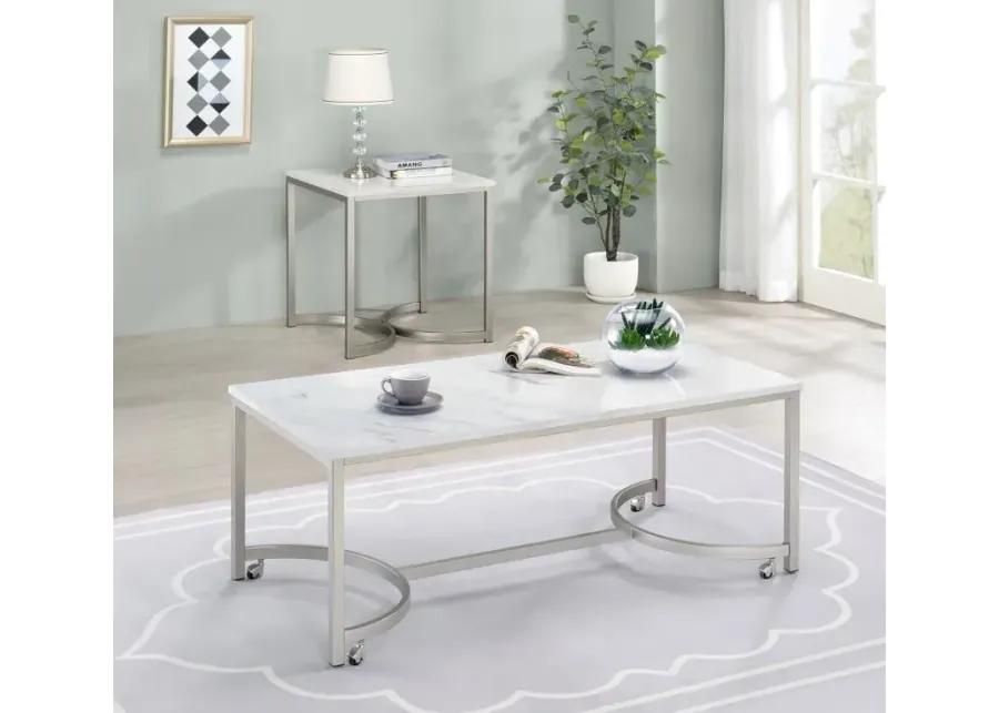 Leona Coffee Table with Casters White and Satin Nickel