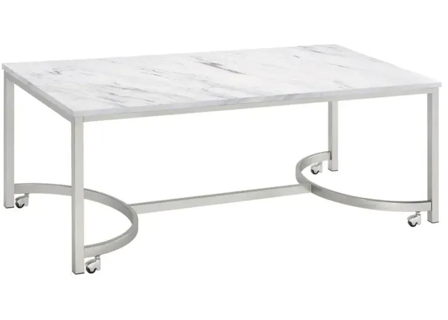 Leona Coffee Table with Casters White and Satin Nickel