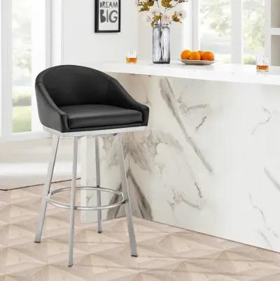 Eleanor 30" Swivel Bar Stool in Brushed Stainless Steel with Black Faux Leather