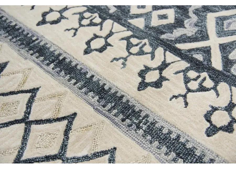 Opulent Gray/Dk.Blue Tribal Motif Wool 2'6" x 8' Runner Rug