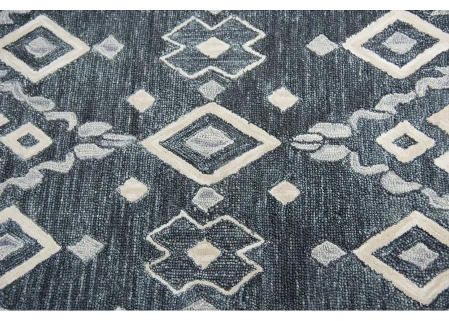 Opulent Gray/Dk.Blue Tribal Motif Wool 2'6" x 8' Runner Rug