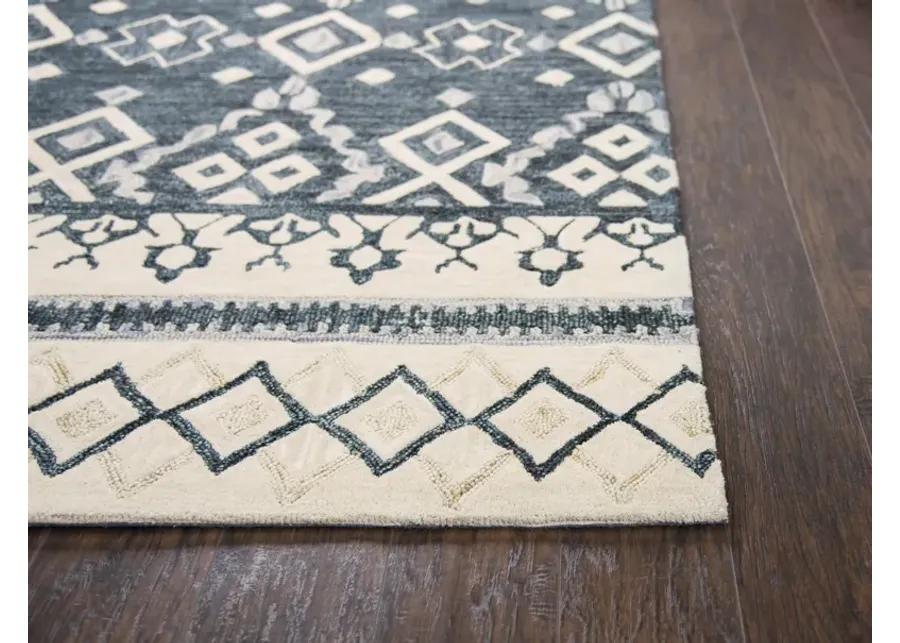 Opulent Gray/Dk.Blue Tribal Motif Wool 2'6" x 8' Runner Rug