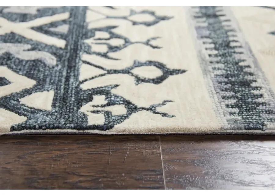 Opulent Gray/Dk.Blue Tribal Motif Wool 2'6" x 8' Runner Rug