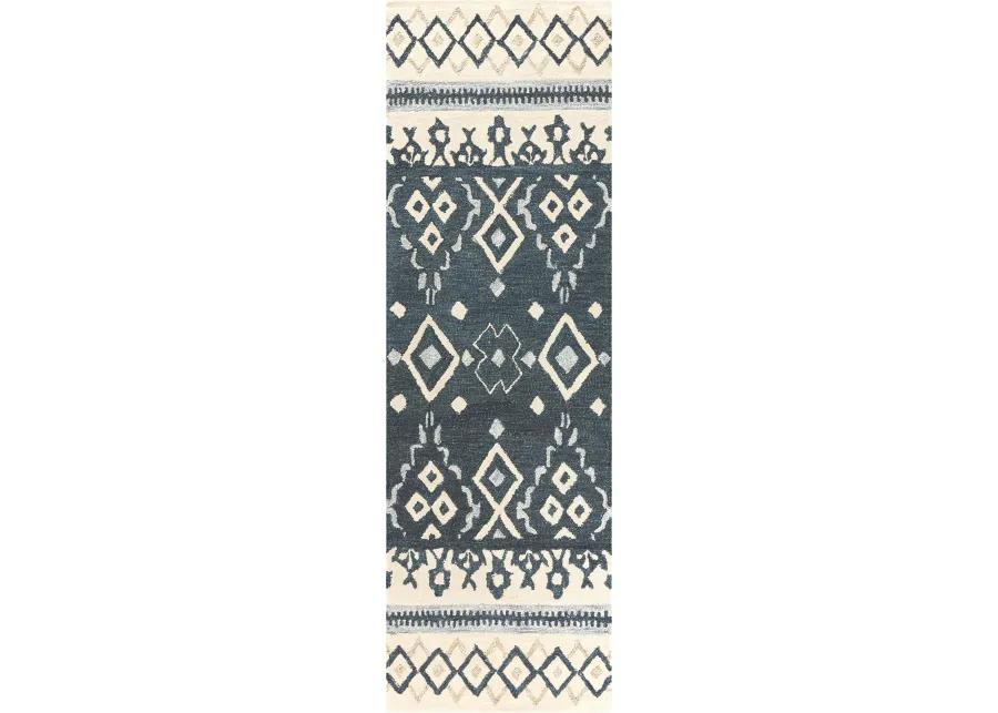 Opulent Gray/Dk.Blue Tribal Motif Wool 2'6" x 8' Runner Rug