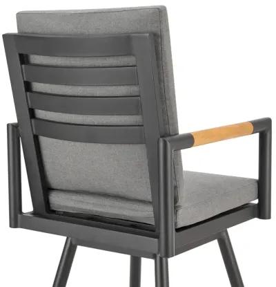 Crown Outdoor Patio Swivel Counter Stool in Aluminum with Tan Rope and Dark Gray Cushions