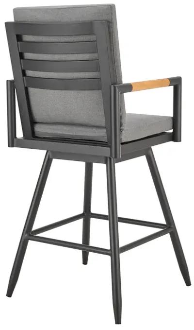 Crown Outdoor Patio Swivel Counter Stool in Aluminum with Tan Rope and Dark Gray Cushions