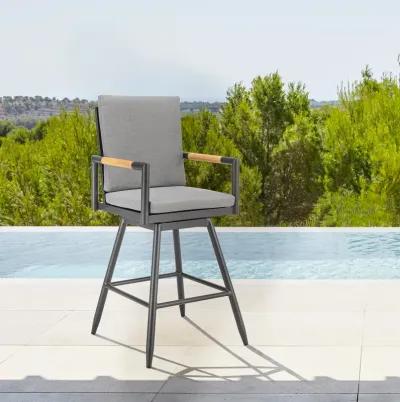 Crown Outdoor Patio Swivel Counter Stool in Aluminum with Tan Rope and Dark Gray Cushions