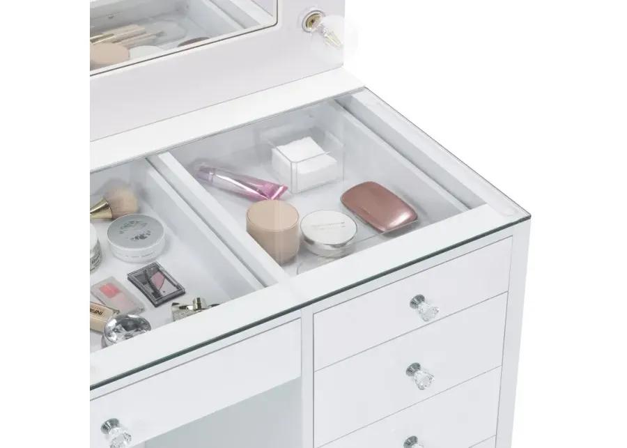 Acena 7-drawer Glass Top Vanity Desk with Lighting White