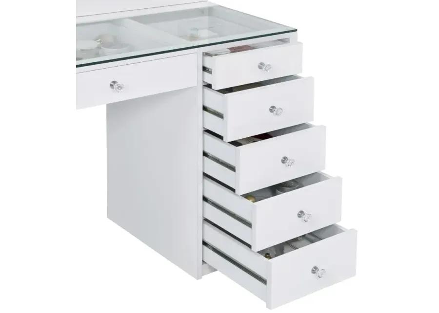 Acena 7-drawer Glass Top Vanity Desk with Lighting White