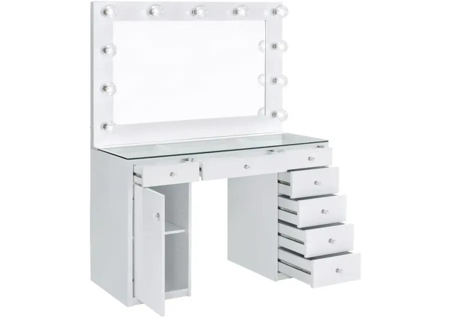 Acena 7-drawer Glass Top Vanity Desk with Lighting White