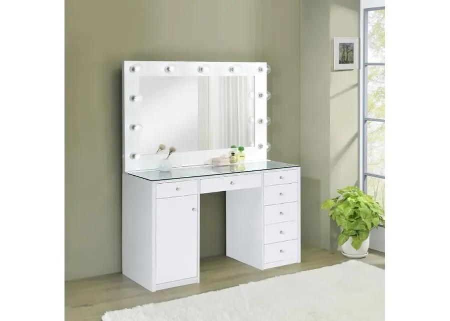 Acena 7-drawer Glass Top Vanity Desk with Lighting White