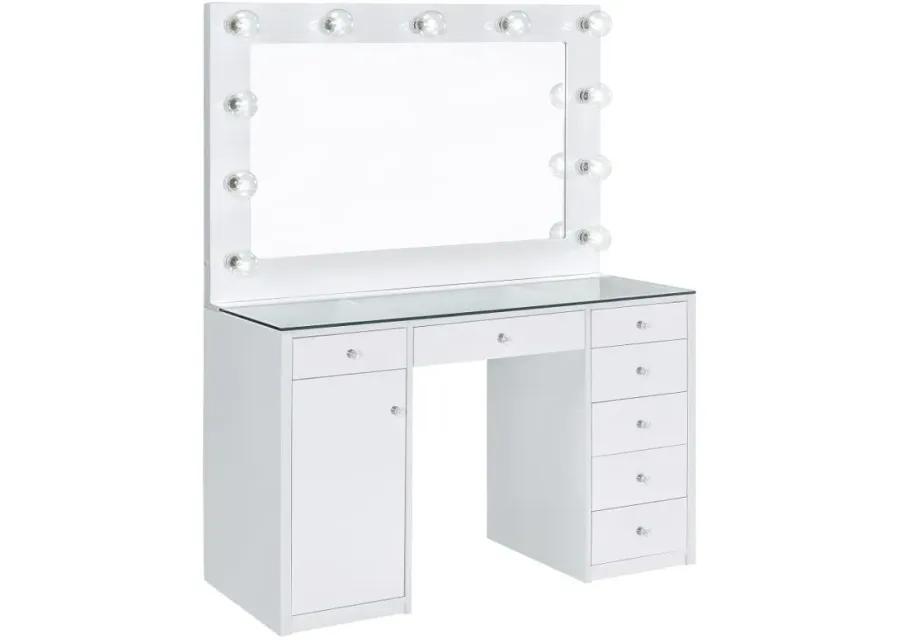 Acena 7-drawer Glass Top Vanity Desk with Lighting White